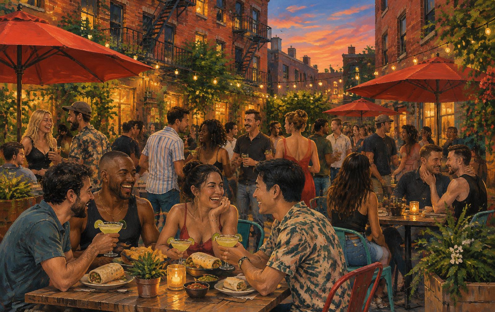 Painted illustration of a crowded Hell's Kitchen courtyard at dusk with red umbrellas and amber string lights